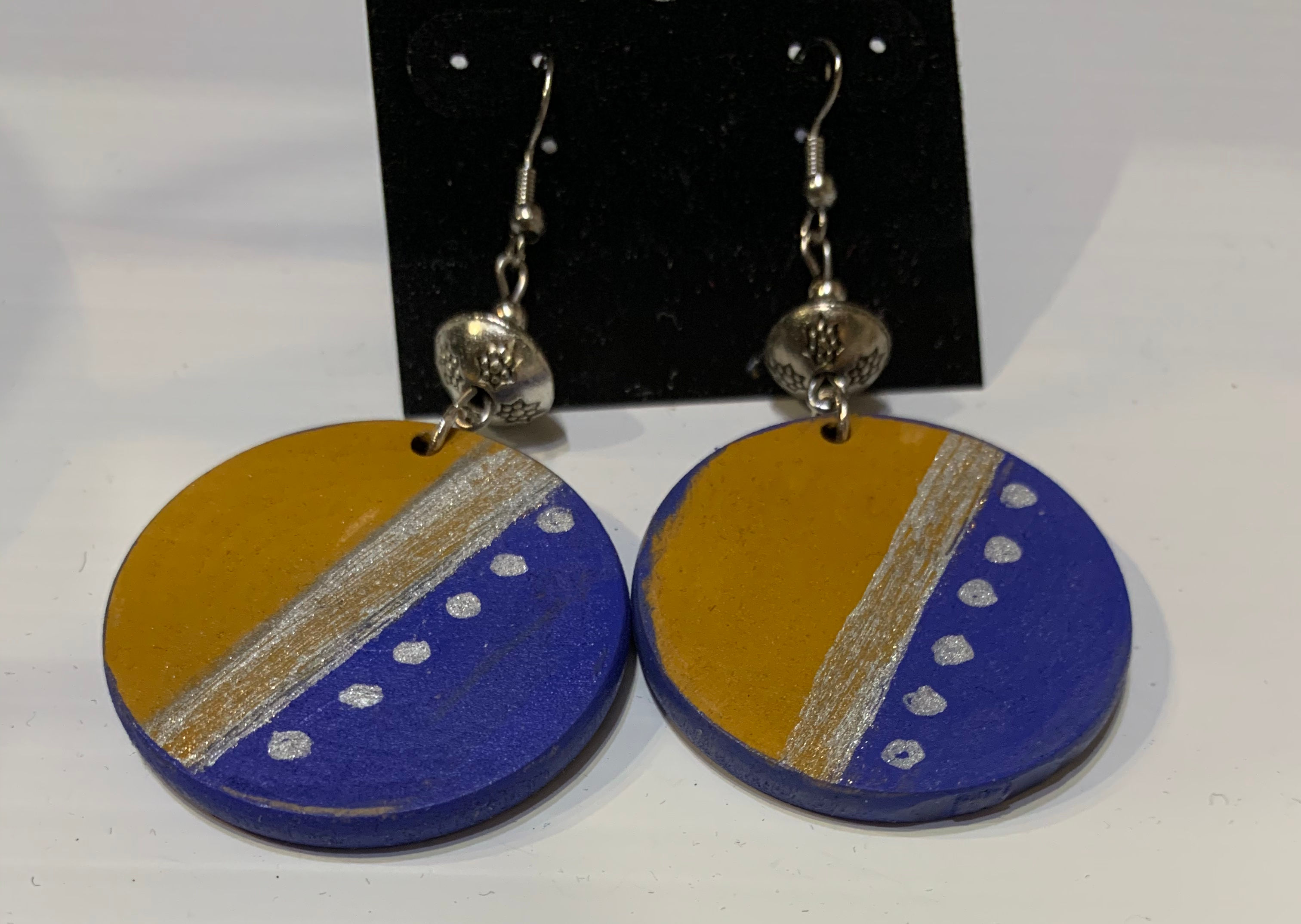Blue and Gold Handpainted earrings with Pewter Bead