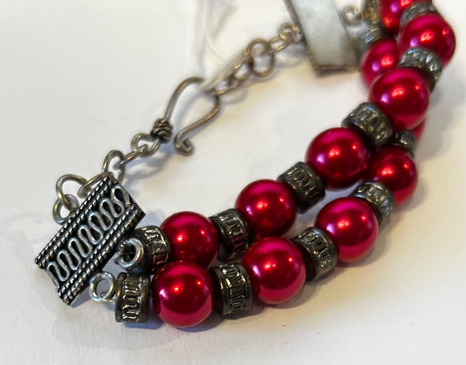 2 Tier Hot Pink and Pewter Bead Bracelet