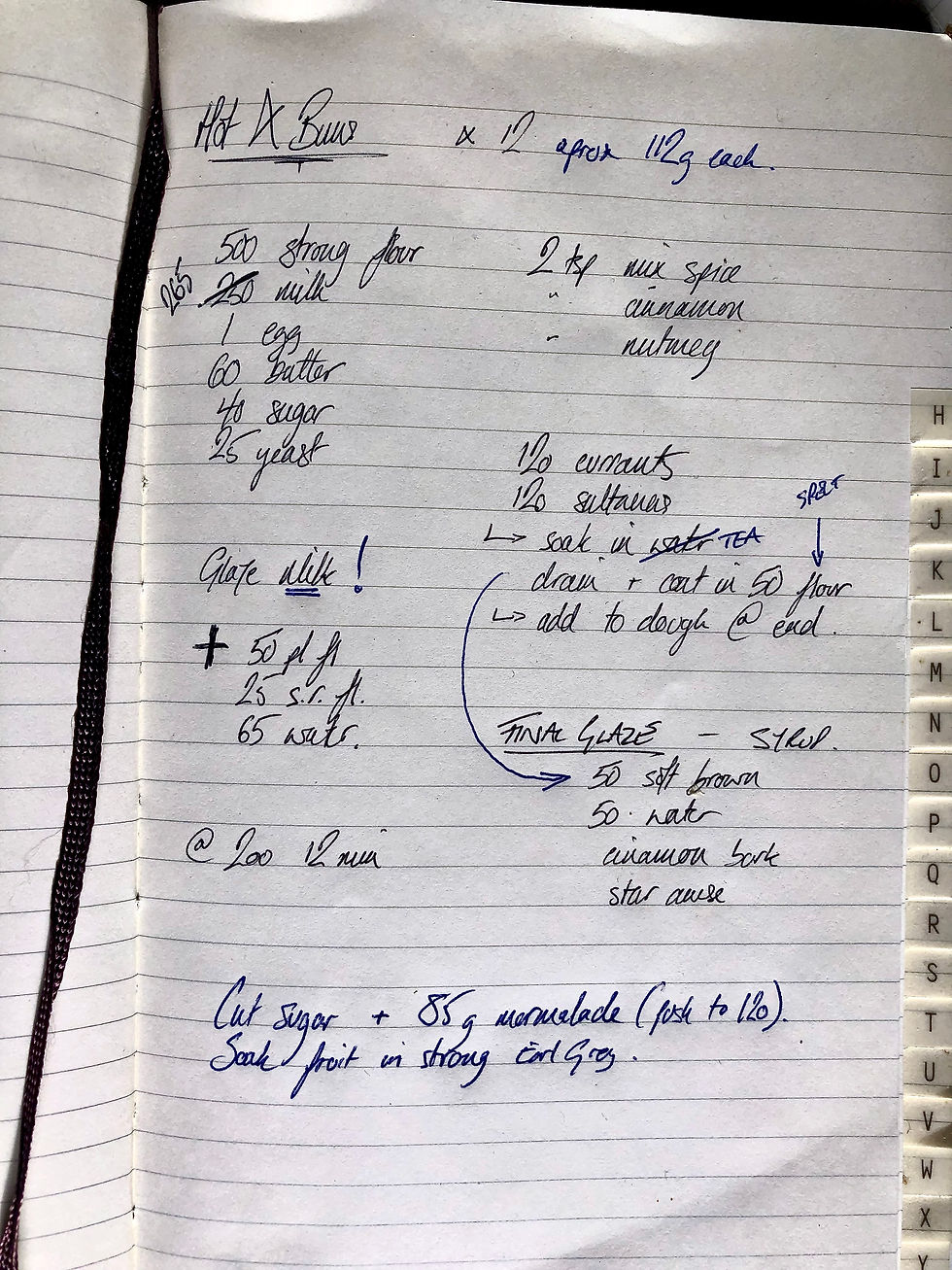My hand written recipe for hot cross buns in my trusty indexed Moleskin notebook