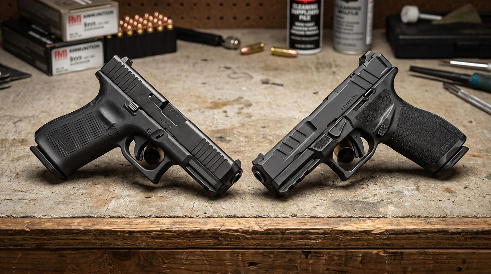 Best home defense firearms for beginners featuring a Glock 19 and Springfield Echelon 9mm pistols on a workbench.