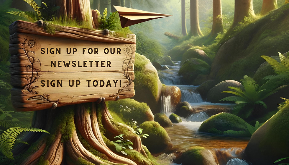 A road sign in a forest pointing to a Newsletter