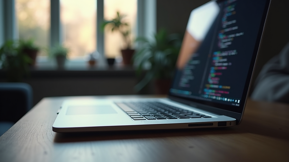 Close-up view of a laptop with coding on the screen in a home setup