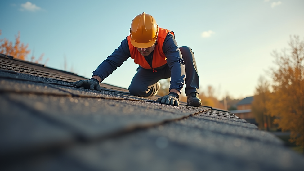 Eye-level view of roofing contractor inspecting a residential roof