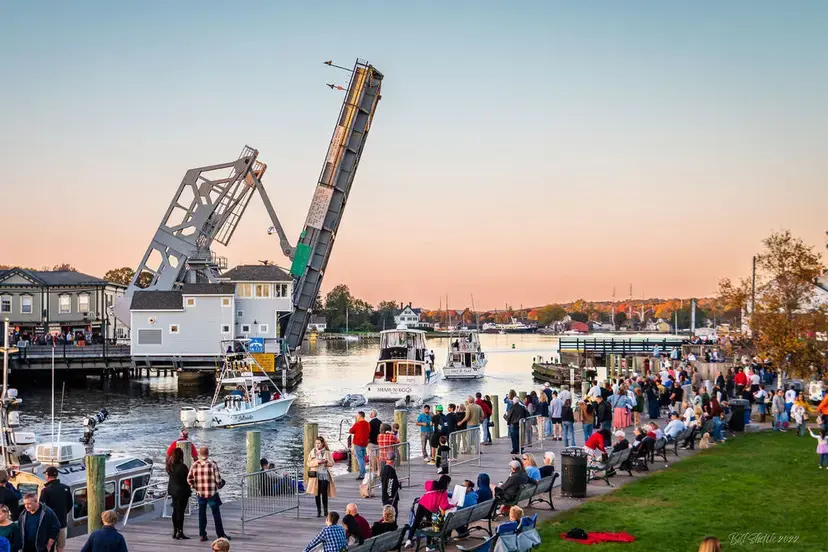 Eye-level view of Mystic Seaport Museum with historic ships docked