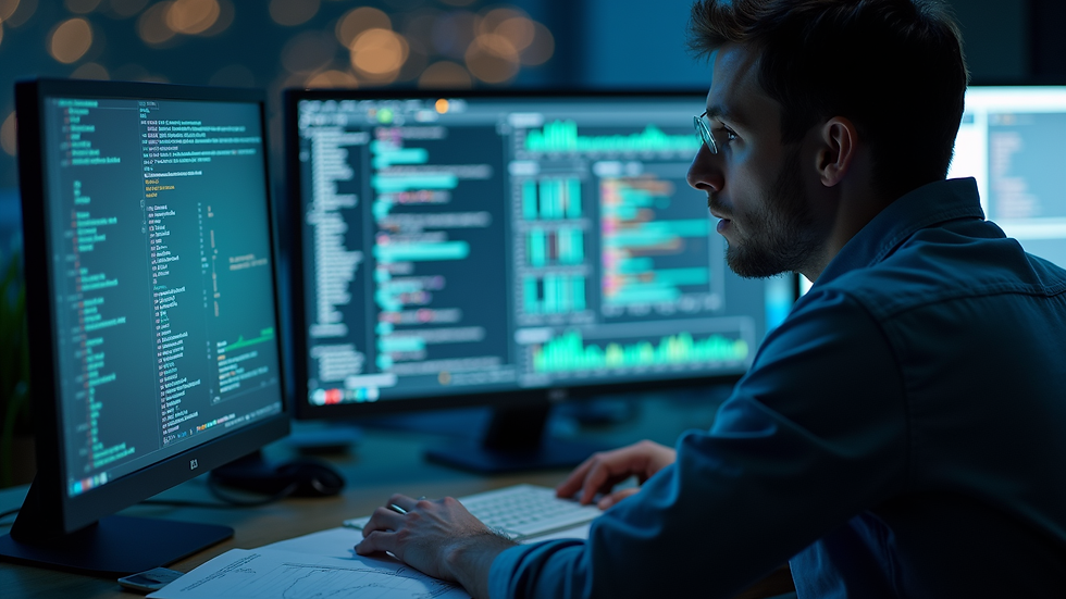 Close-up view of a cybersecurity professional analyzing data on a computer screen