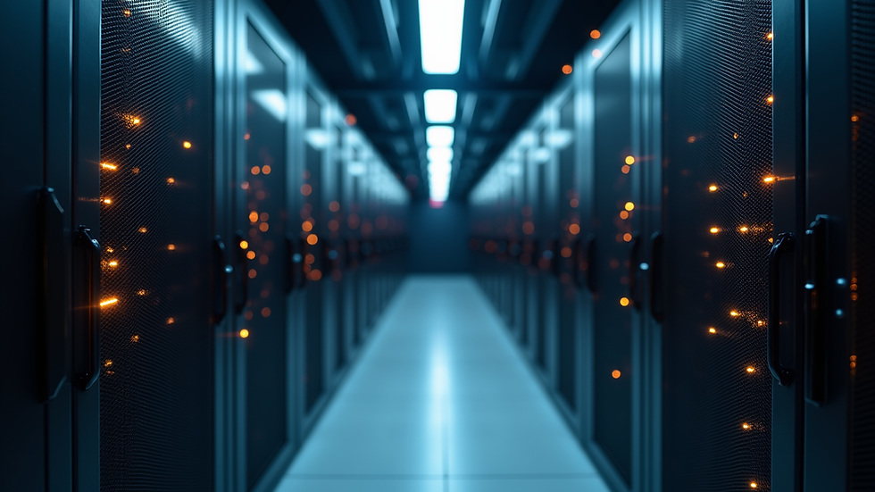 High angle view of a server room with blinking lights