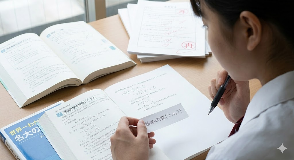 理系受験生が参考書(世界一わかりやすい名大の理系数学・理系数学の良問プラチカ)とノートを広げて勉強している様子