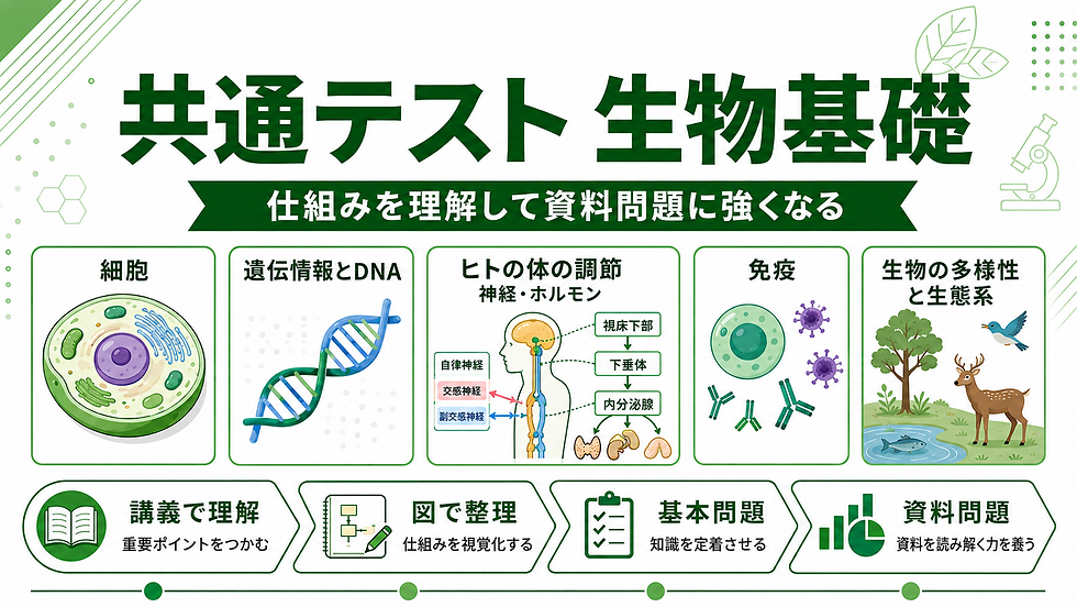 共通テスト生物基礎の学習内容をまとめた図:細胞、遺伝情報とDNA、ヒトの体の調節(神経・ホルモン)、免疫、生物の多样性と生態系の5分野と、講義で理解→図で整理→基本問題→資料問題という学習の進め方