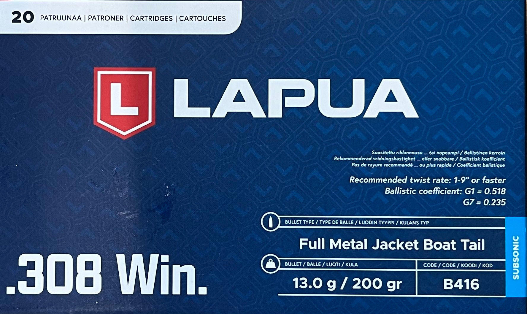 Lapua SUBSONIC .308Win 200grs - 20 Schuss