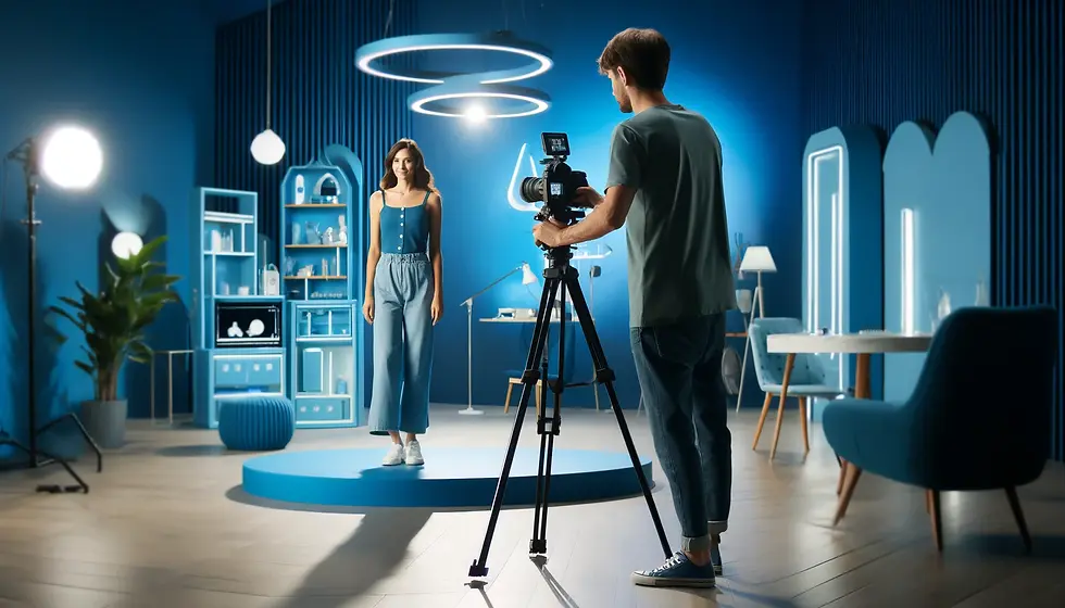 Há um homem e uma mulher em uma sala apla, toda azul. O homem está de costas, segurando uma câmera. A mulher está na frete dele, em uma pequena plataforma. Ela está olhando para a câmera.