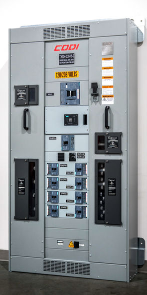 Front-accessible UL 67 electrical panelboard with circuit breakers and dead-front trim