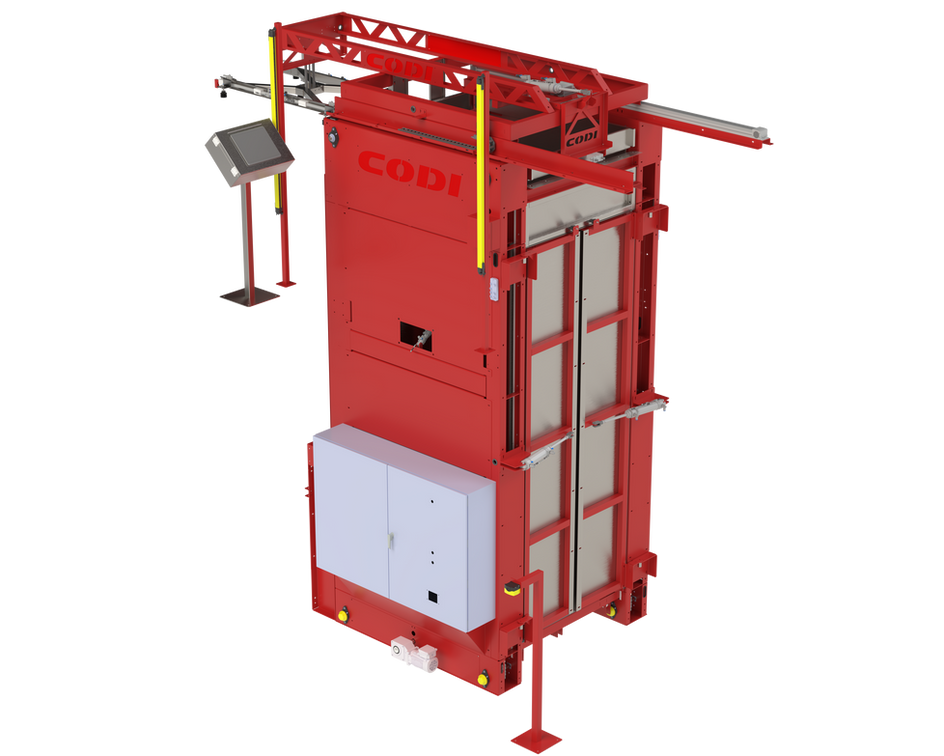 Integrated high-speed chain hoist and mass accumulation buffer table on the CODI Manufacturing DPL-1000 industrial depalletizer
