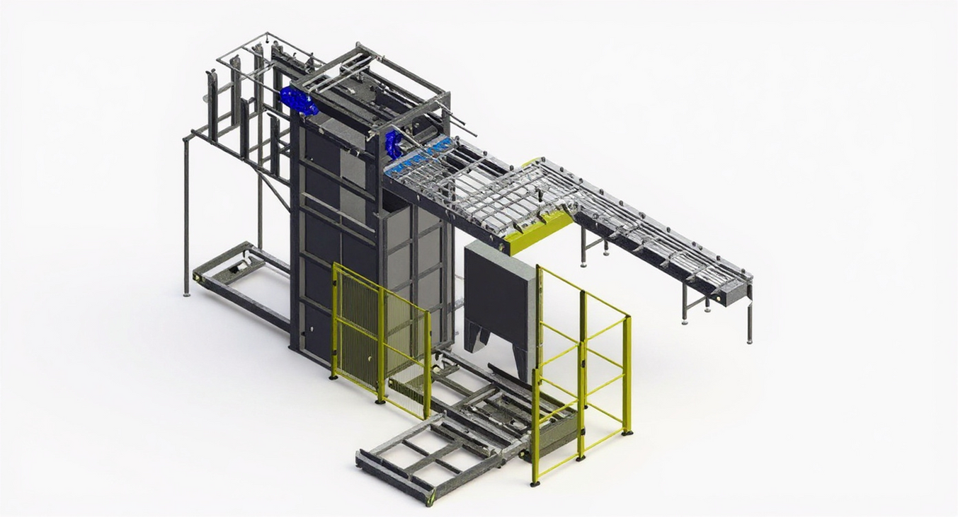 Automated sweep mechanism and slip sheet removal system on the CODI Manufacturing DPL-1000 continuous can staging machine
