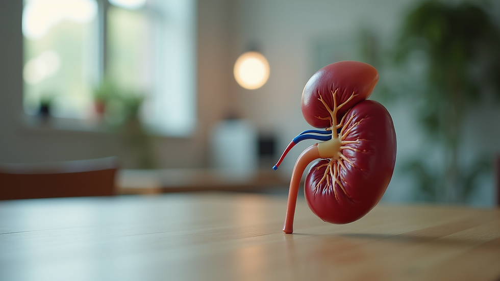 Close-up view of a kidney model on a table