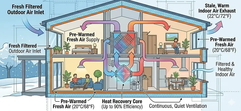 Passive Houses: The 5 Core Principles 
Cutaway house diagram of heat recovery ventilation: fresh filtered air in, warm air out, pre-warmed healthy indoor air.