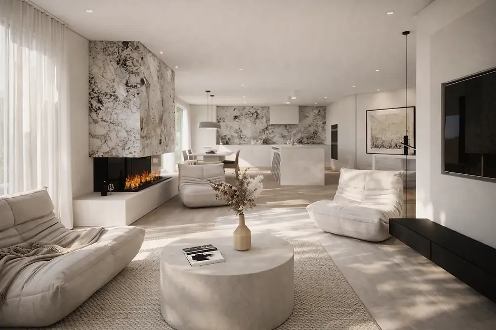Modern living room with beige furniture, round coffee table with a vase, marble fireplace, and a kitchen in the background. Bright, airy feel.