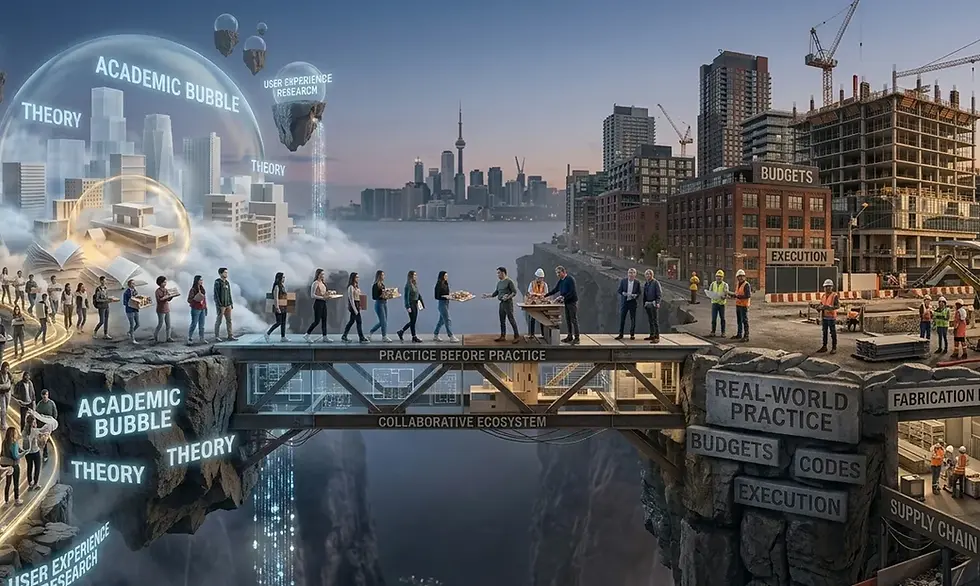 People walk from an academic bubble to a city via a bridge labeled "Practice Before Practice." Background shows buildings and cranes.