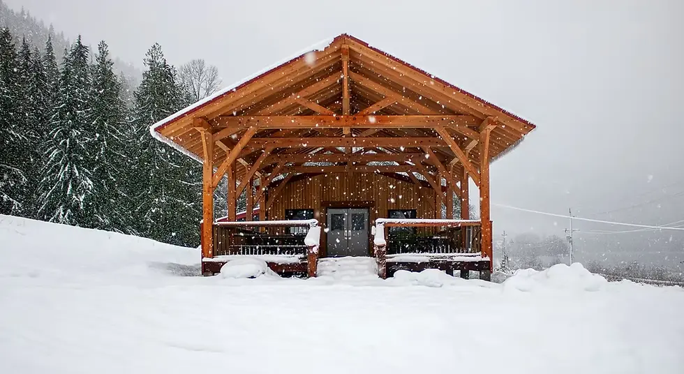 Snowy scene with a wooden cabin surrounded by snow-covered trees. Snowflakes fall gently, creating a serene, peaceful winter mood.