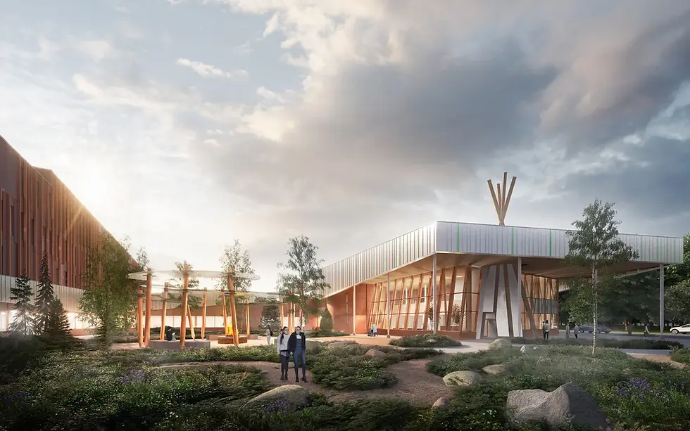 Modern building with wooden accents, trees, and a rocky garden. People walking under a cloudy sky with sunlight breaking through.