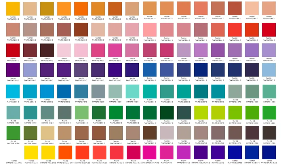 Grid of Pantone color swatches, each labeled with a unique code, ranging from warm to cool tones. Bright, organized, and vibrant.