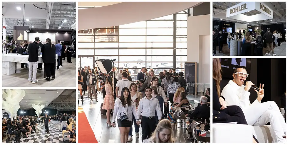 People at a bustling indoor event with booths, a speaker in glasses, and a fashion show on a checkered runway. Sign reads "KOHLER."