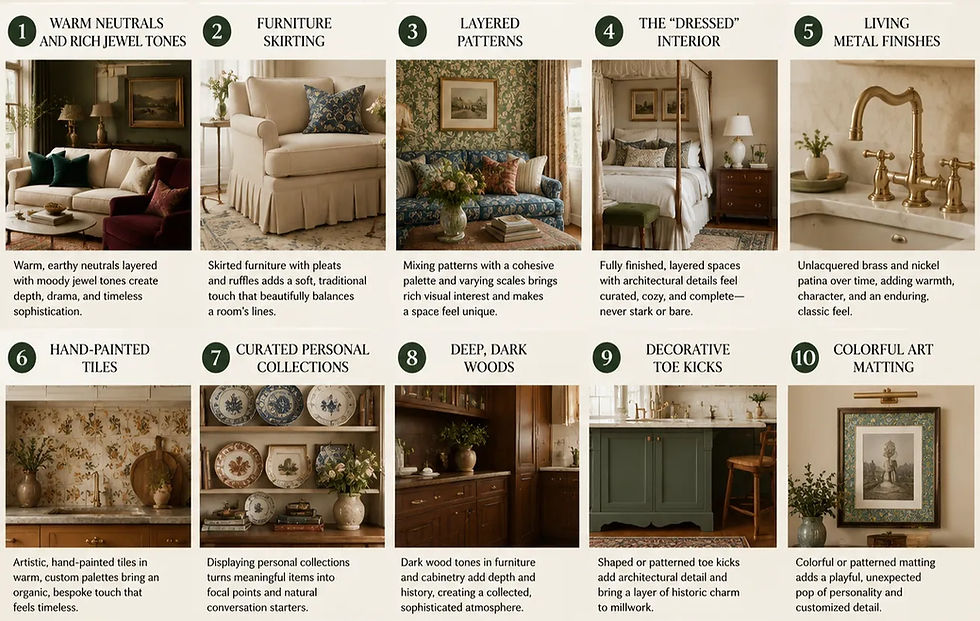 10 Interior Design Trends Redefining Homes in 2026
Home decor collage with 10 tips: warm colors, furniture skirting, patterns, dressed interiors, metal finishes, tiles, collections, woods, toe kicks, art matting.