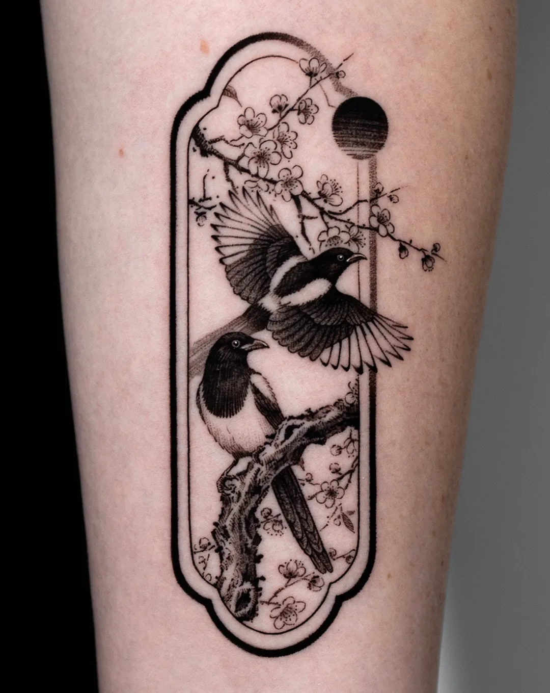 Z9 magpie and cherry blossom fine line tattoo — Seoul Ink Tattoo, Gangnam Seoul
