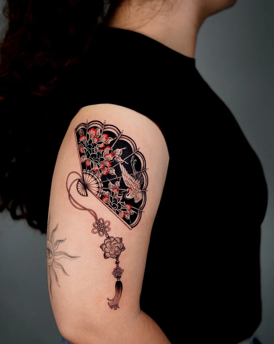 Taena Korean fan with peony and crane tattoo — Seoul Ink Tattoo, Gangnam Seoul