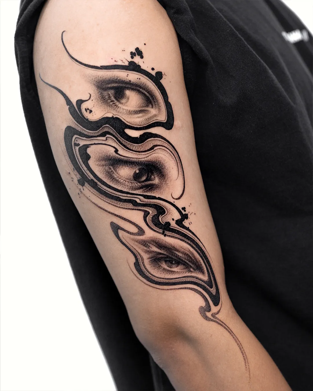 Vequja blackwork tribal eyes tattoo on arm — Seoul Ink Tattoo, Gangnam Seoul