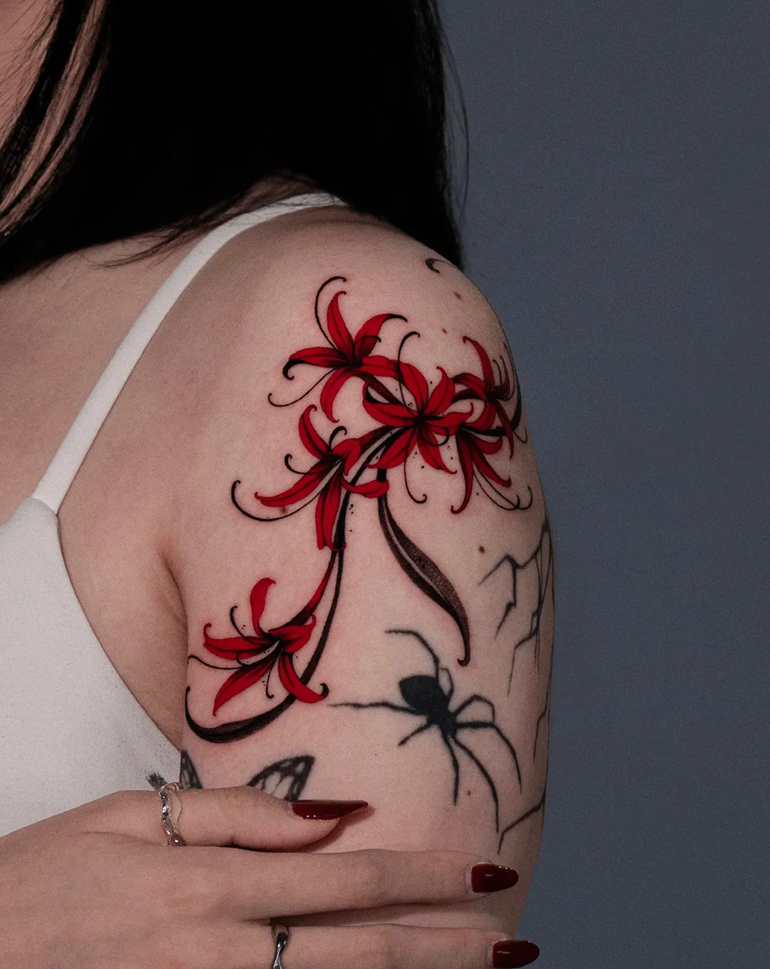 Onyo red spider lily color tattoo on shoulder — Seoul Ink Tattoo, Gangnam Seoul