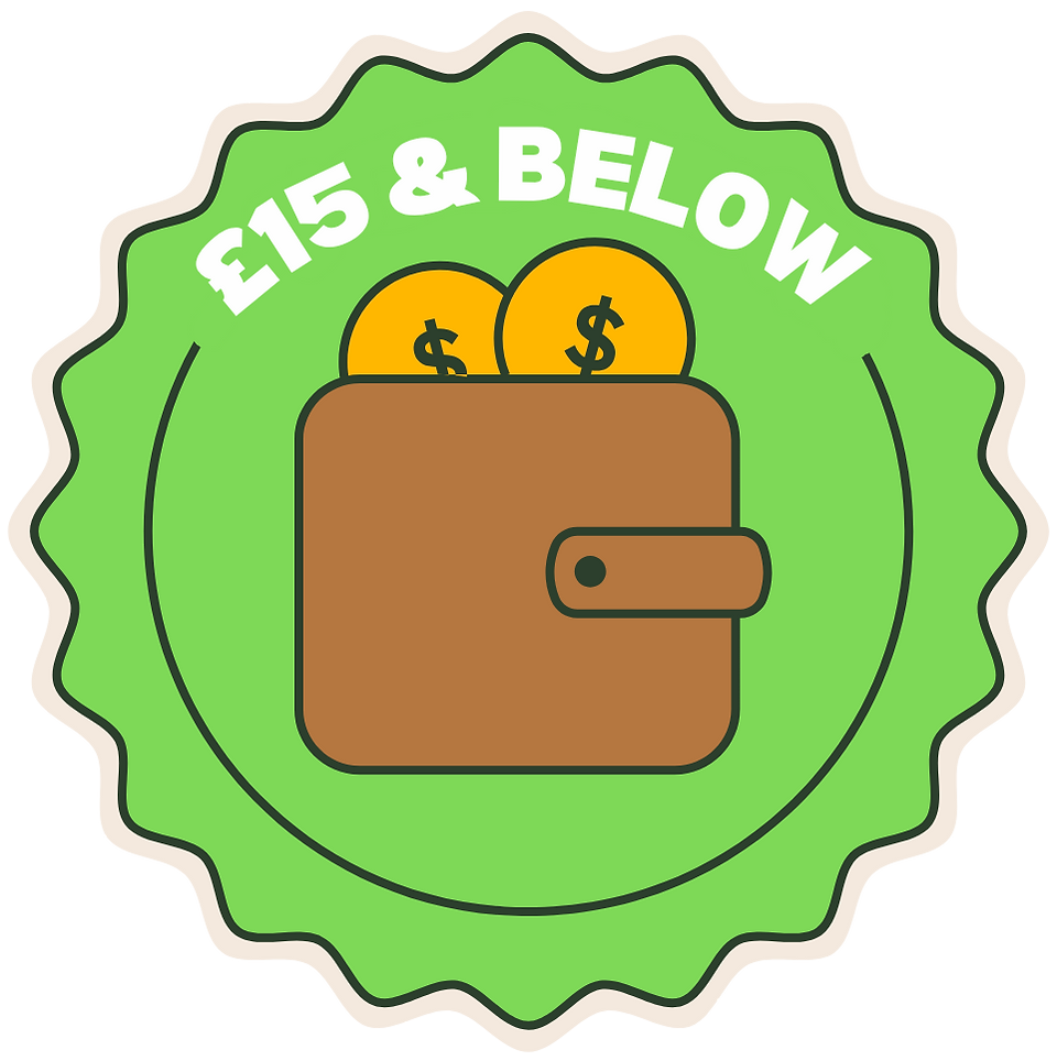 A green badge with a brown wallet and some coins peeping out. The text reads '£15 & Below'
