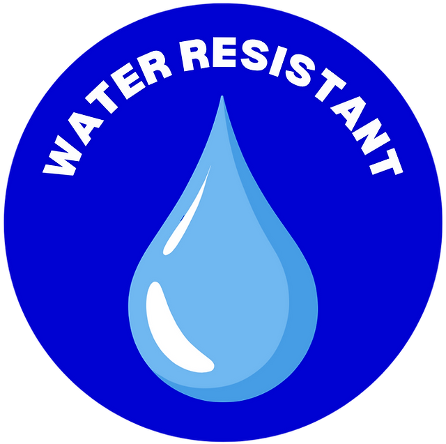 A blue circular badge with a lighter blue water drop icon on it. The wording reads 'Water Resistant