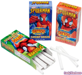 Spider-Man candy sticks with free tattoo packaging.