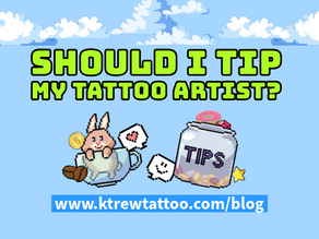Blog title image, in a landscape orientation. The title in bright green bubble font reads "Should I Tip My Tattoo Artist?". Underneath there are some cartoon images in a pixelated retro computer game style. The pictures show a tip jar with a doughnut and a gem in it. And a coffee cup with a bunny and some coins in it. There is a sky blue background with white pixelated fluffy clouds.