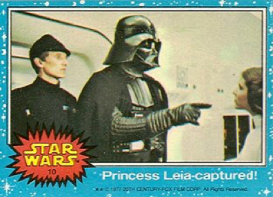 A Star Wars tvintage trading card featuring Darth Vader and Princess Leia