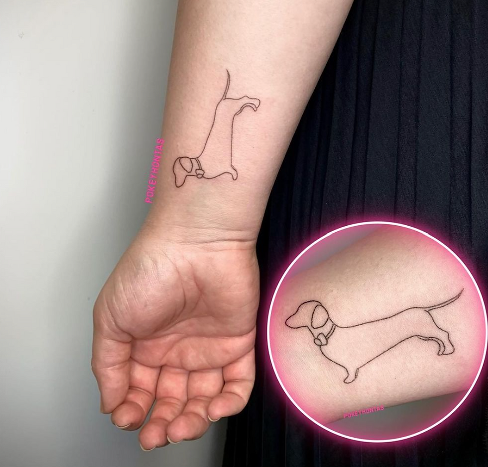 Dachshund linework tattoo on the wrist by Pokeyhontas