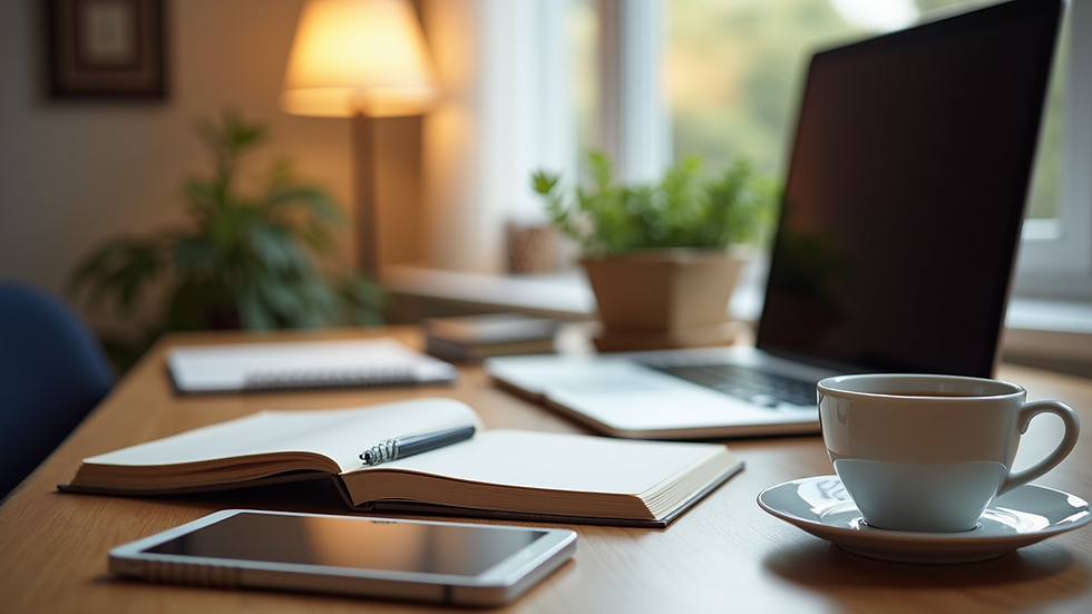 Vue en plongée d’un bureau avec un ordinateur, un carnet et une tasse de thé, ambiance chaleureuse