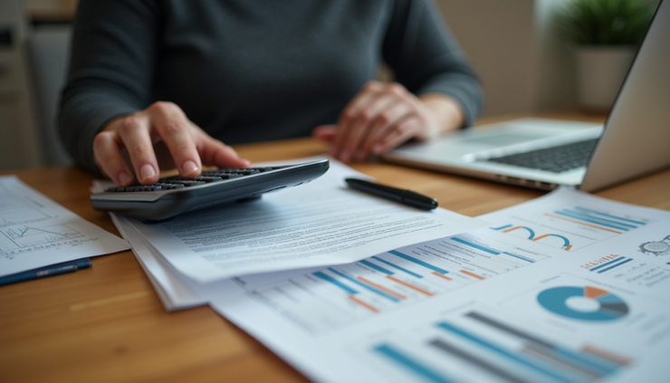 Eye-level view of a person reviewing financial documents with a calculator and laptop on a wooden table