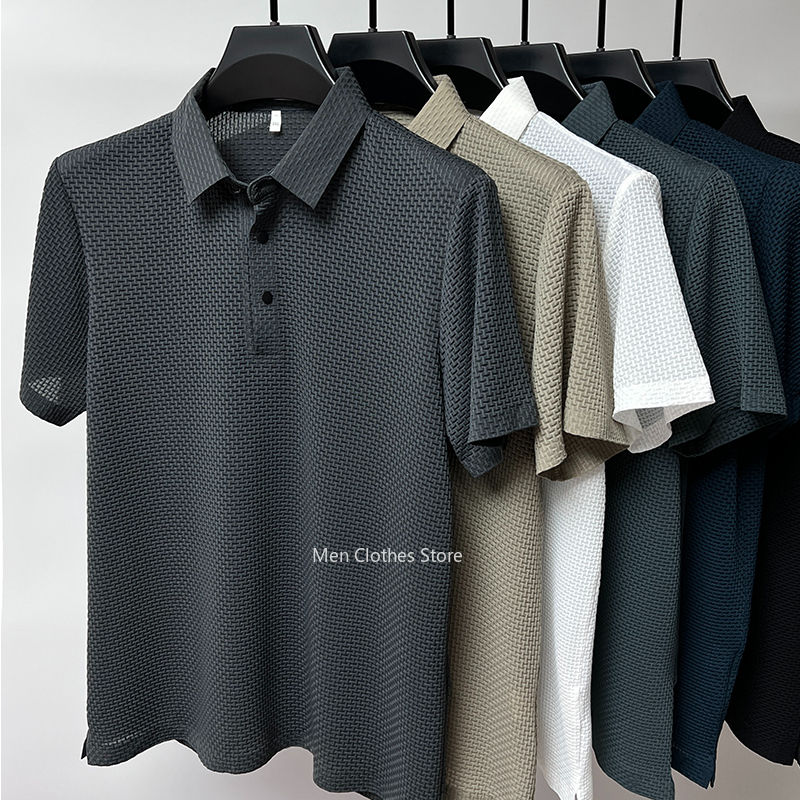 Thumbnail: Summer New Men's Lop-up Hollow Short-sleeved Polo Shirt Ice Silk Breathable Busi