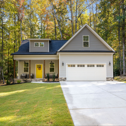 Exterior view of a modern house, custom home builder north carolina. Beautiful landscape.