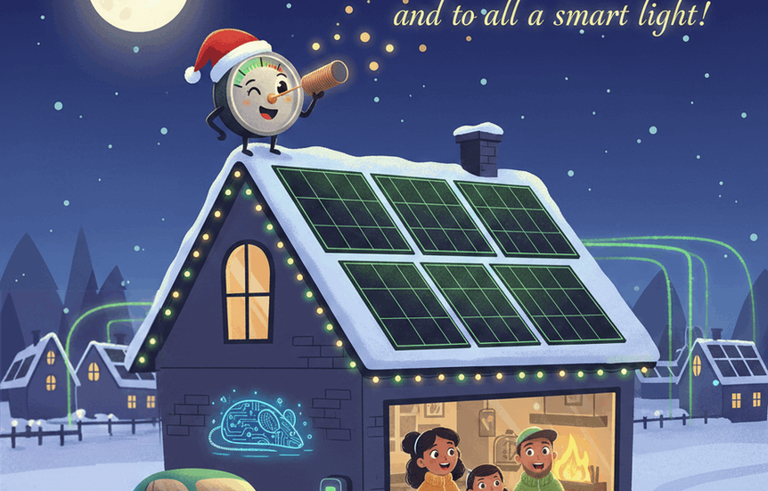 A festive, energy-efficient home on a winter night, illustrating the 'Co-op Night Before Christmas' poem. Features solar panels, an EV charging station, a smart meter, and LED holiday lights, symbolizing renewable community power.