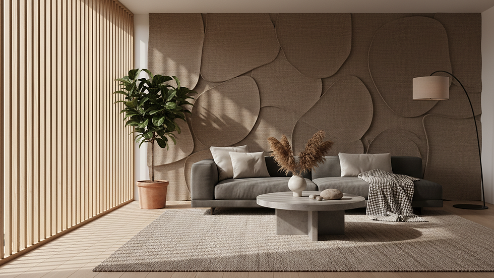 Eye-level view of modern living room with custom wooden blinds and textured accent wall