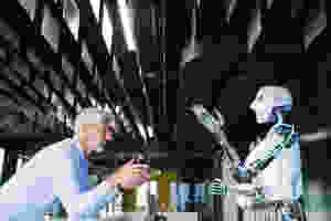 Man debating with robot