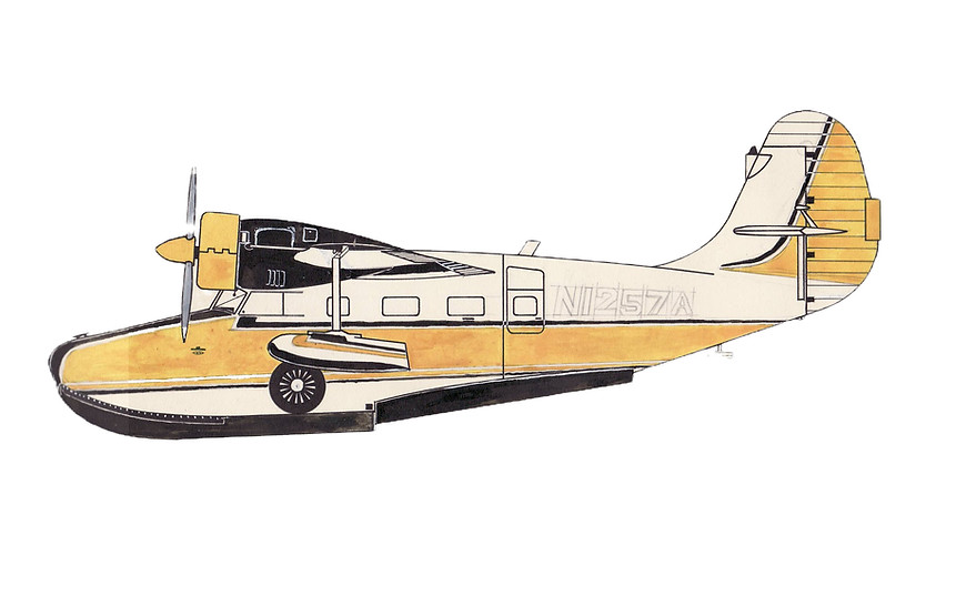 Illustration of a vintage yellow seaplane with floats and propeller