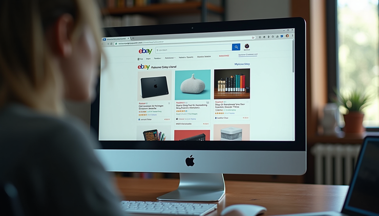 High angle view of a computer screen displaying eBay’s homepage with various product listings