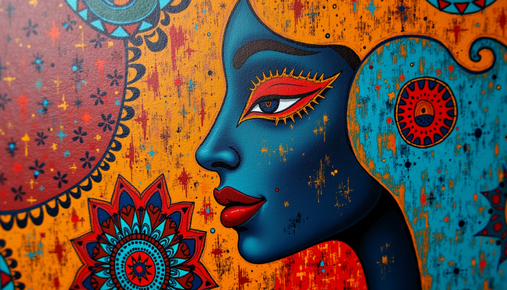 Close-up of a vibrant painting blending traditional African motifs with futuristic elements