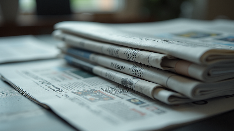 Eye-level view of a newspaper stack showcasing diverse reporting