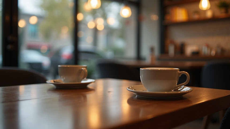 Close-up view of a coffee shop table with two empty chairs