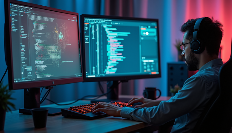 Close-up view of a developer’s workstation with coding screens and game design sketches