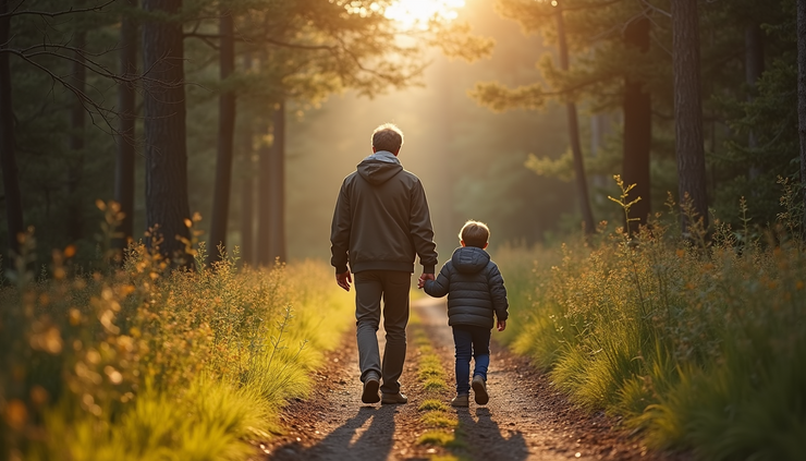High angle view of a father and son walking hand in hand in a forest trail